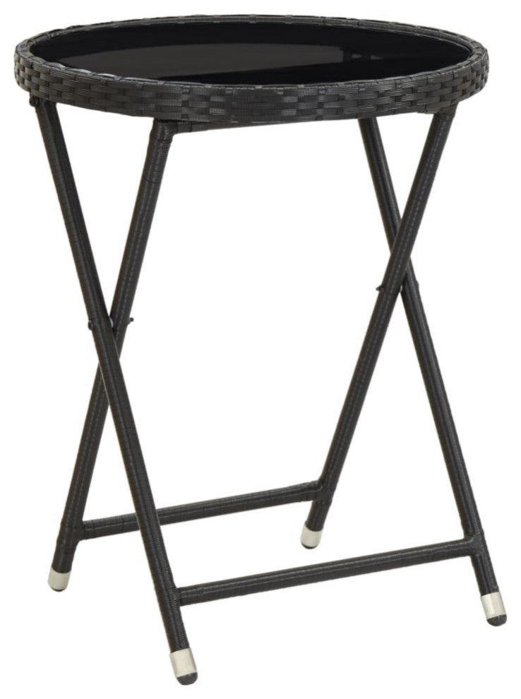 Vidaxl Tea Table Black 23.6" Poly Rattan and Tempered Glass