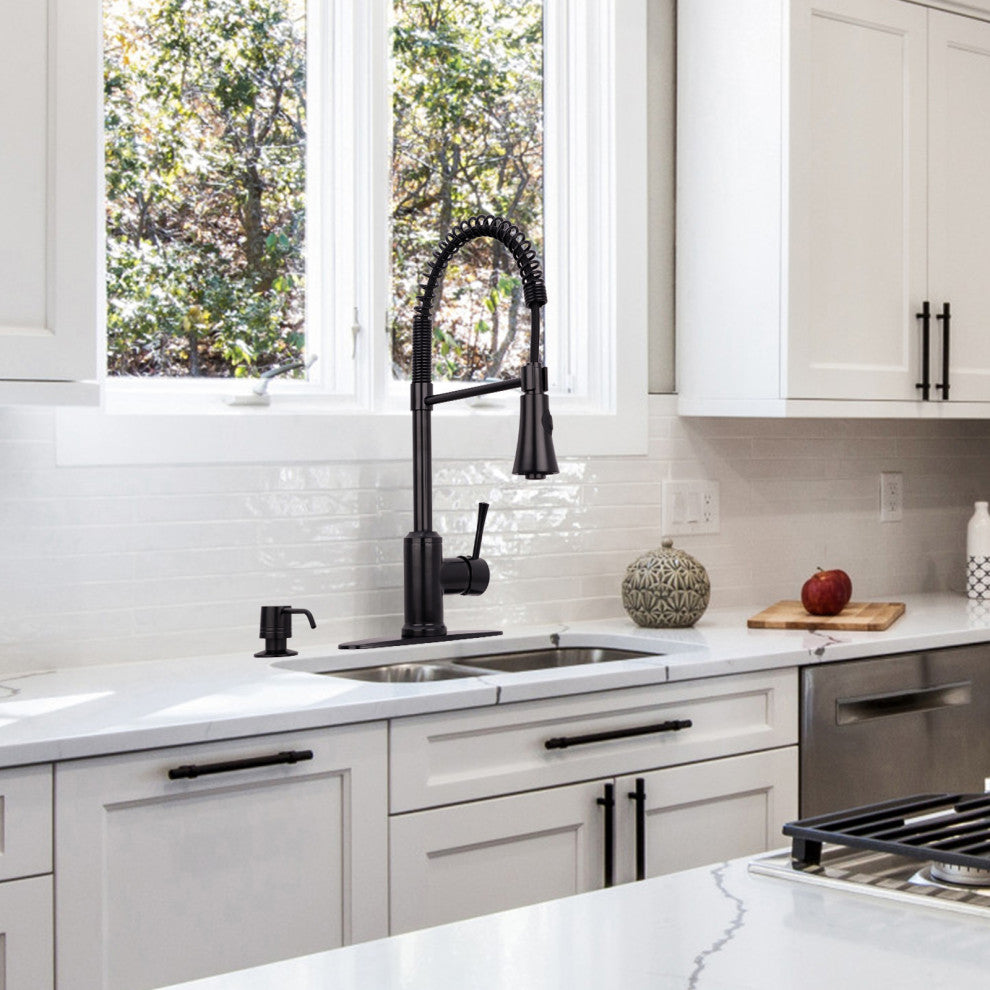 Copper Pre-Rinse Spring Kitchen Faucet with Pull Down Sprayer, Matte Black