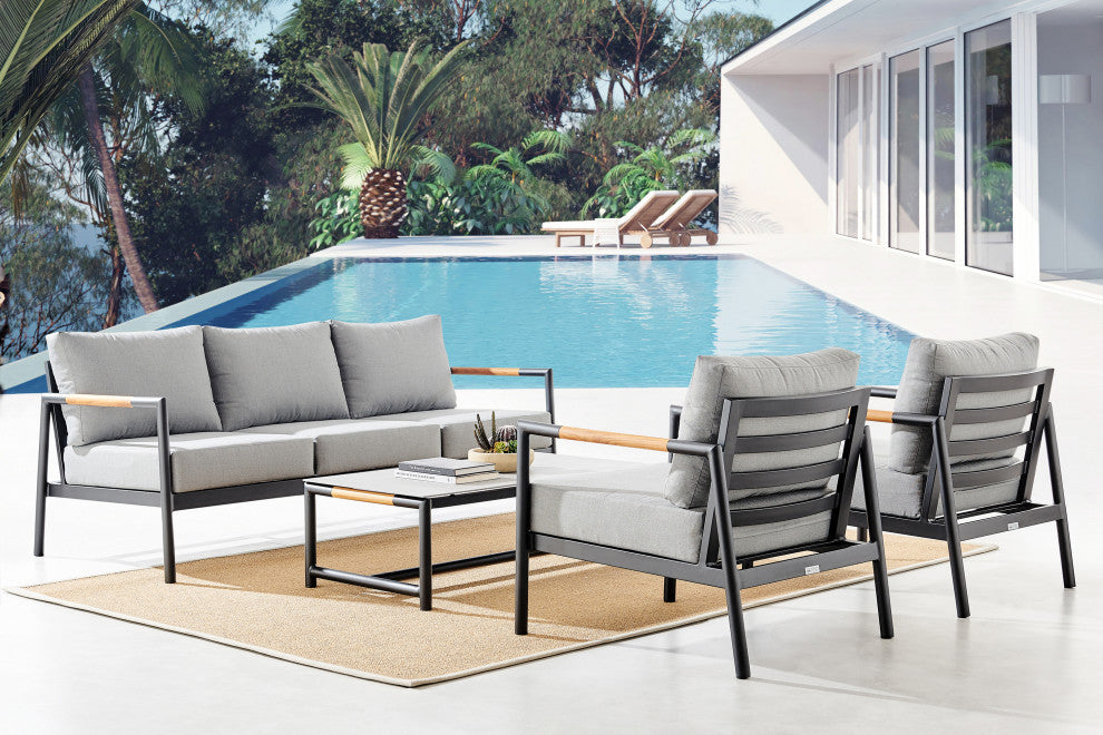 Crown 4-Piece Black Aluminum and Teak Outdoor Seating Set