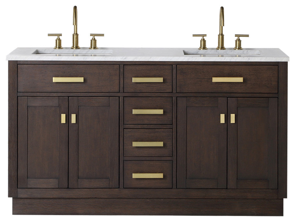 Chestnut 60" Bath Vanity, Brown Oak, Vanity Only With Satin Gold Finsih Hardware
