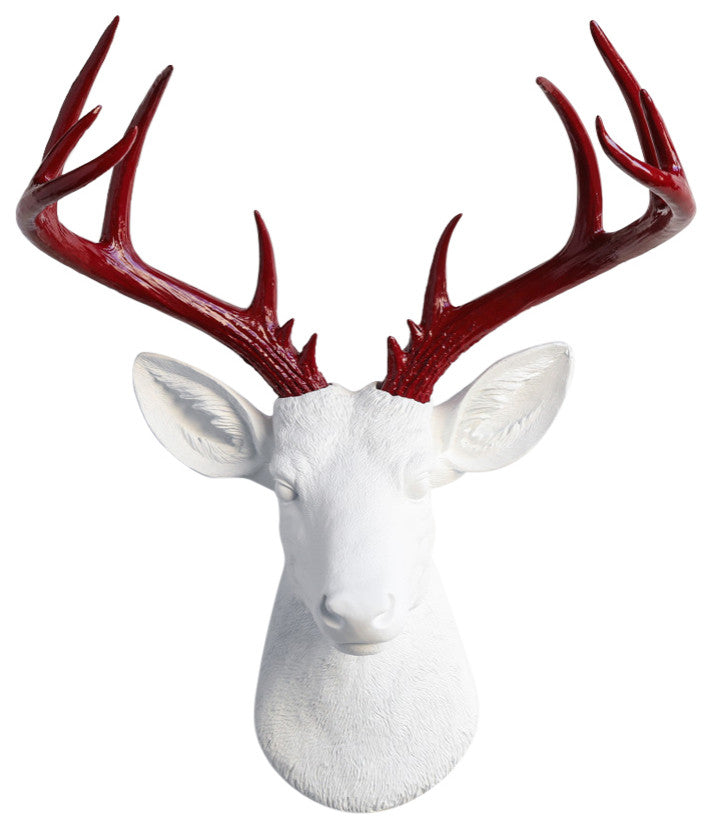 Faux Deer Head Wall Mount 14 Point Stag Head Antlers, White and Red