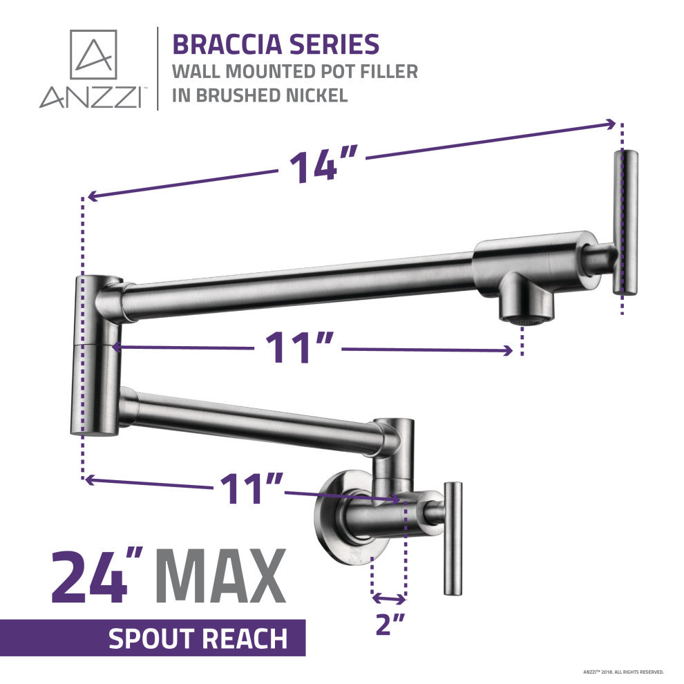 Braccia Series 24" Wall Mounted Pot Filler, Brushed Nickel