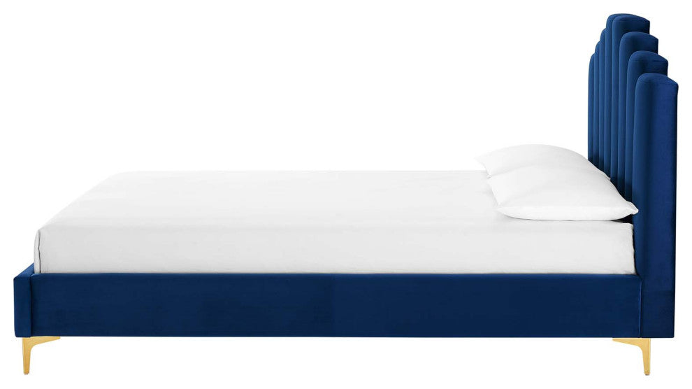 Platform Bed Frame, Queen Size, Velvet, Blue Navy, Modern Contemporary, Bedroom
