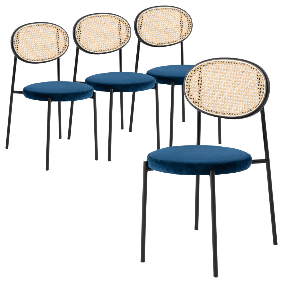 LeisureMod Euston Dining Chair With Wicker Back & Velvet Seat Set of 4, Navy Blue
