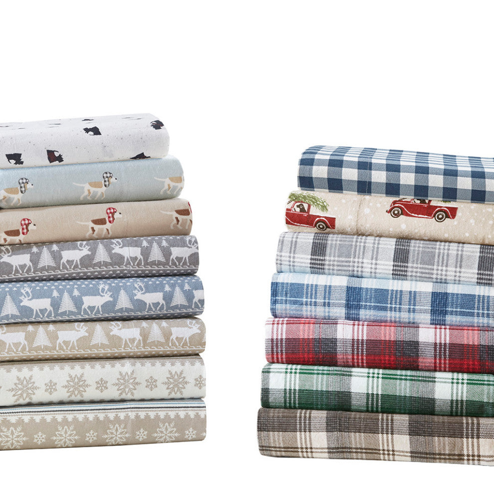 Woolrich Flannel Cotton Flannel Winter Sheet Set, White Scottie