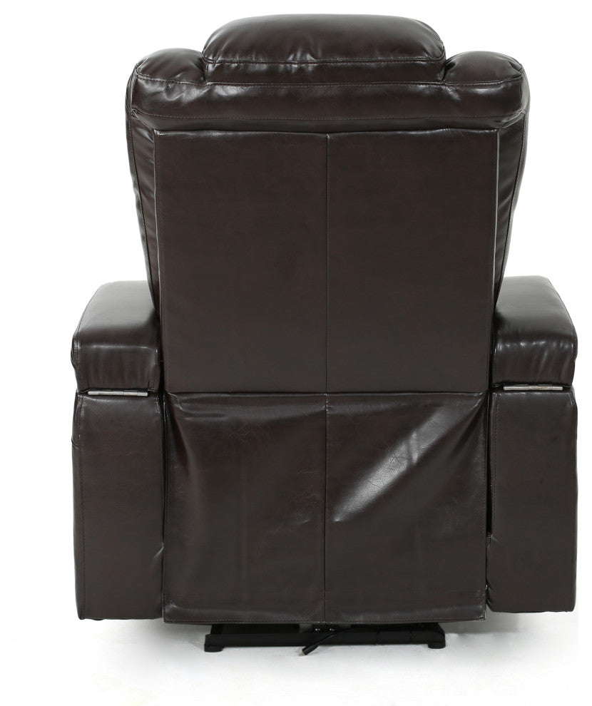 GDF Studio Everette  Brown Leather Power Recliner With Arm Storage and USB Cord