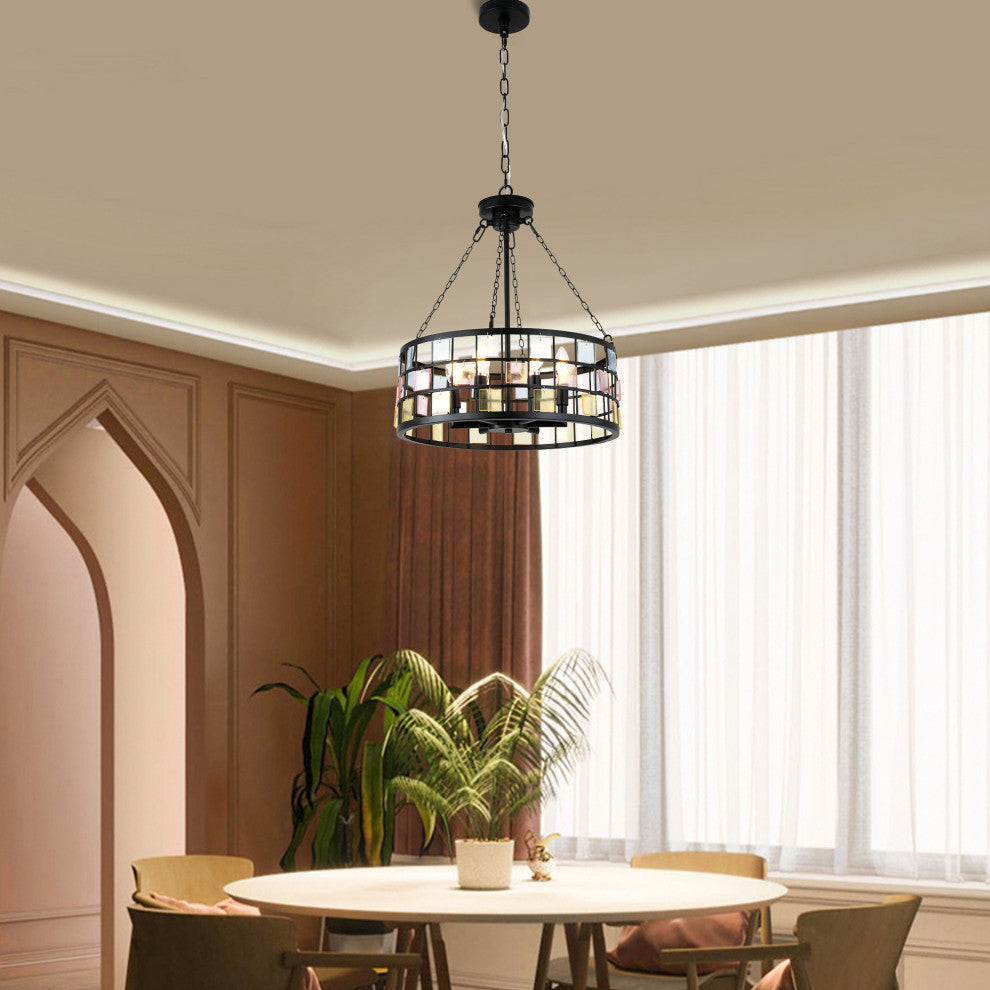 20" Modern Tiffany DIY Chandelier, 6-Light w 24" Adjustable Hanging Chain, Weathered Wood