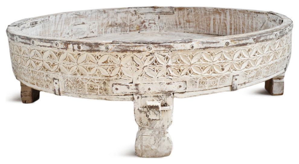 Consigned White Wash Chakki Ottoman Table