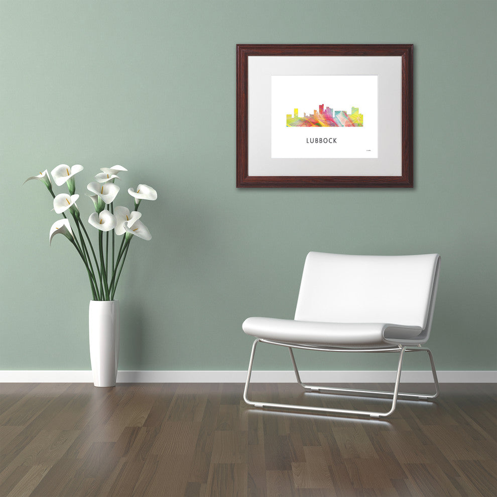 ''Lubbock Texas Skyline Wb-1'' Matted Framed Art, Wood Frame, White Matte, 20x16