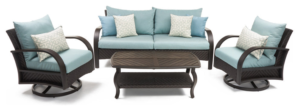 Barcelo 4 Piece Aluminum Outdoor Patio Motion Club and Sofa Set, Spa Blue