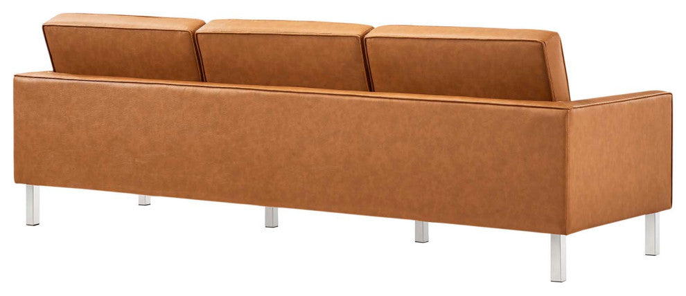 Loft Tufted Vegan Leather Sofa and Ottoman Set, Silver Tan
