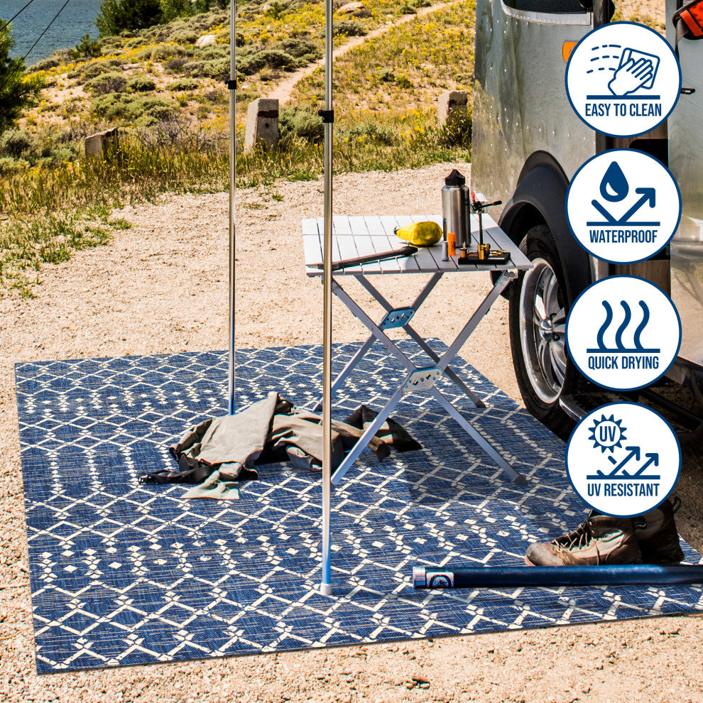 Ourika Moroccan Geometric Indoor/Outdoor Rug, Navy/Beige, 4x6