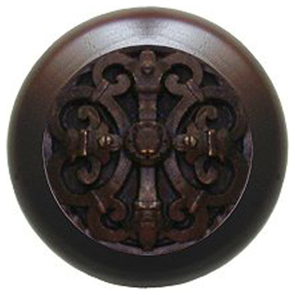Chateau Wood Knob, Antique Brass, Dark Walnut Wood Finish, Dark Brass
