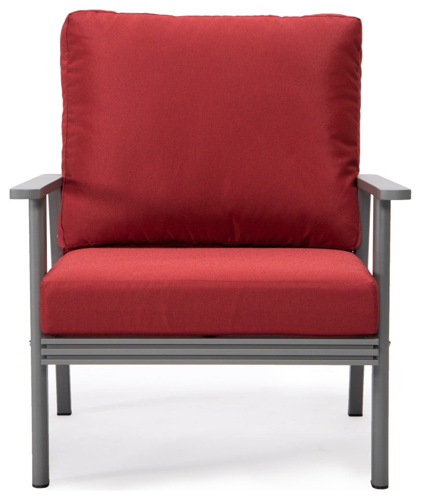 LeisureMod Walbrooke 3-Piece Patio Set With Gray Aluminum Frame and Cushions, Red