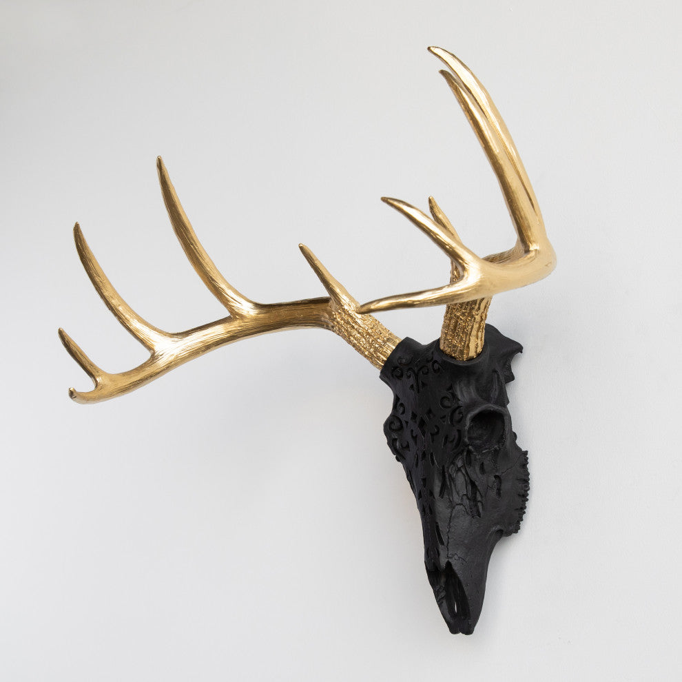 Faux Deer Skull Native American Carving Wall Decor, Black, Gold Antlers