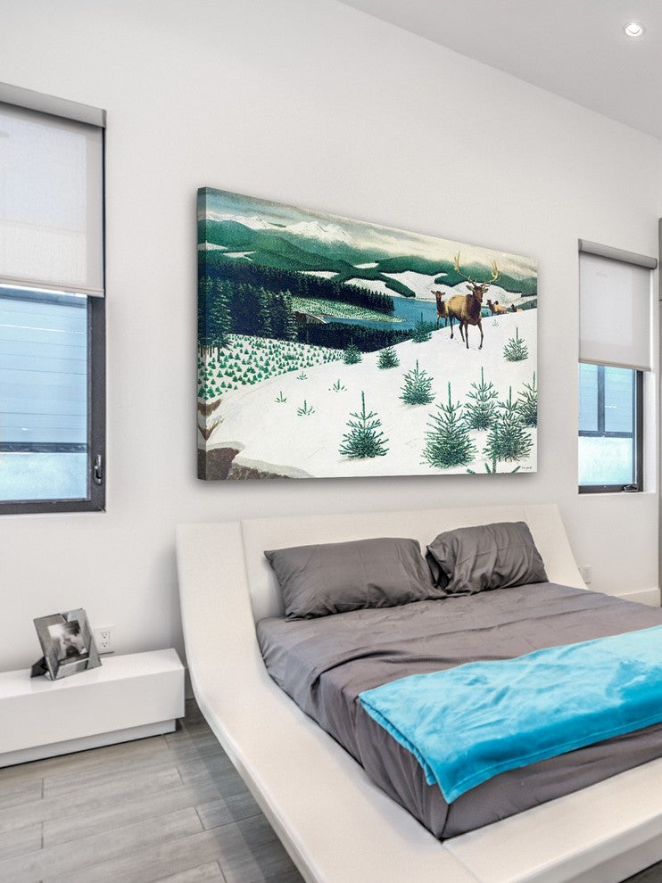 "Elk in Snow" Painting Print on Wrapped Canvas
