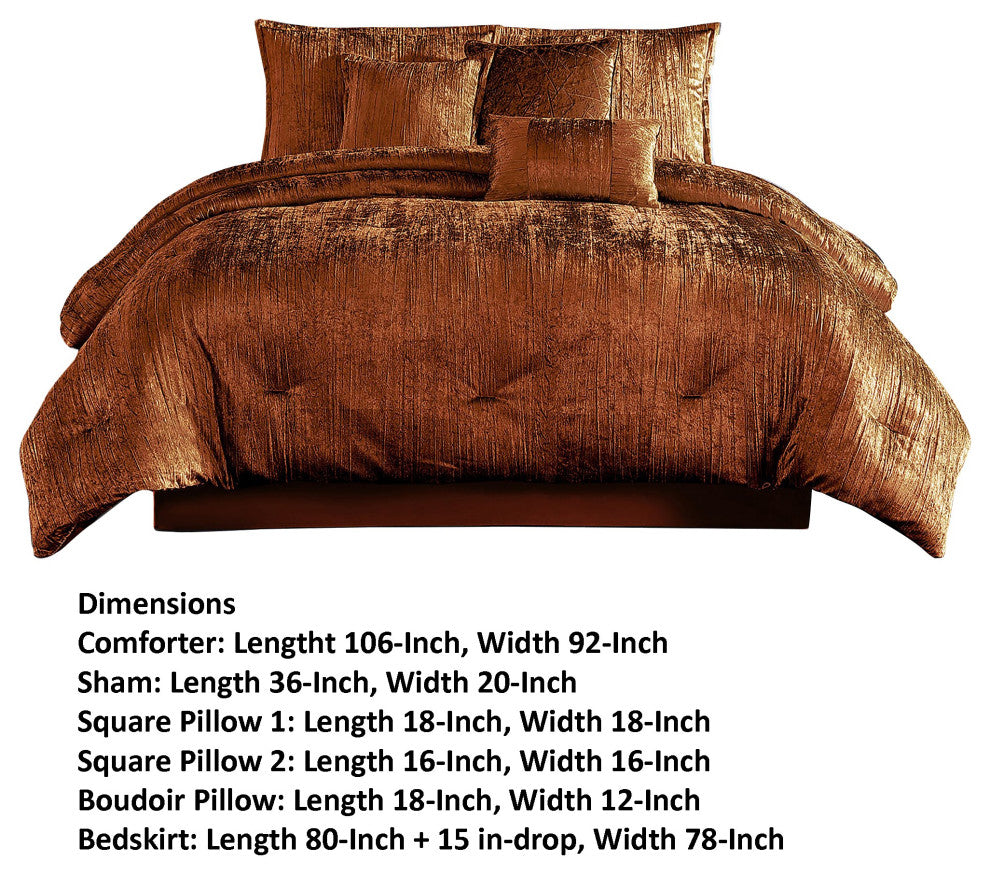 Benzara BM283900 Jay 7 Piece King Comforter Set, Copper Polyester Velvet Texture