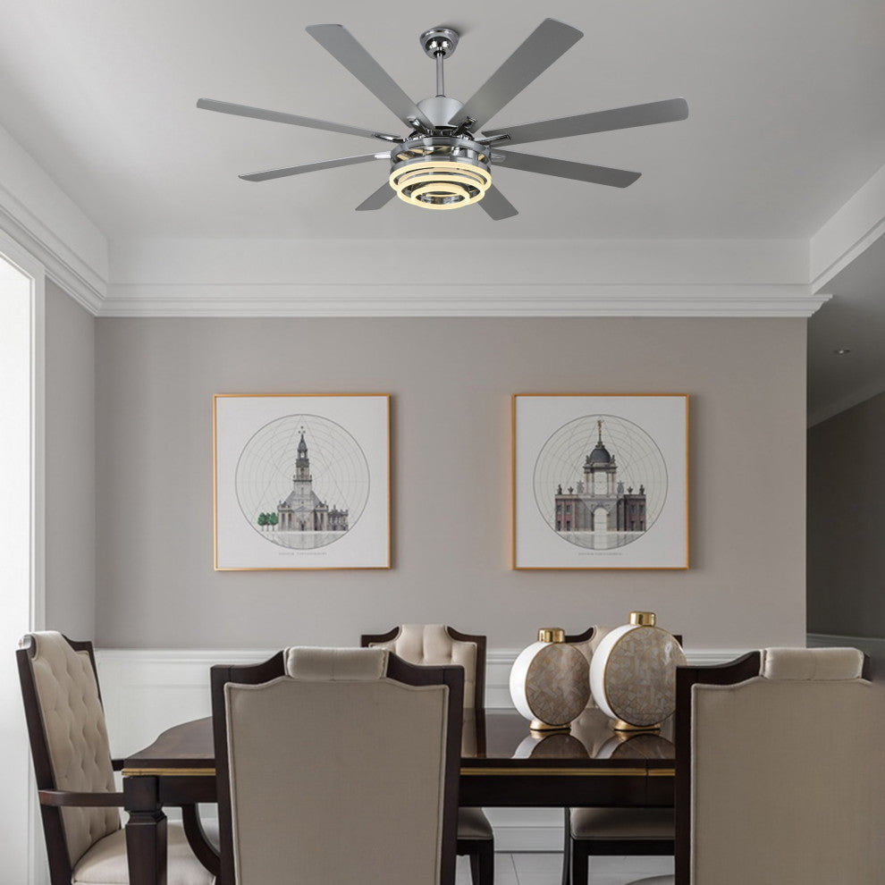 72" Modern 8 Wood Blades Large Ceiling Fan w LED Light, Chrome