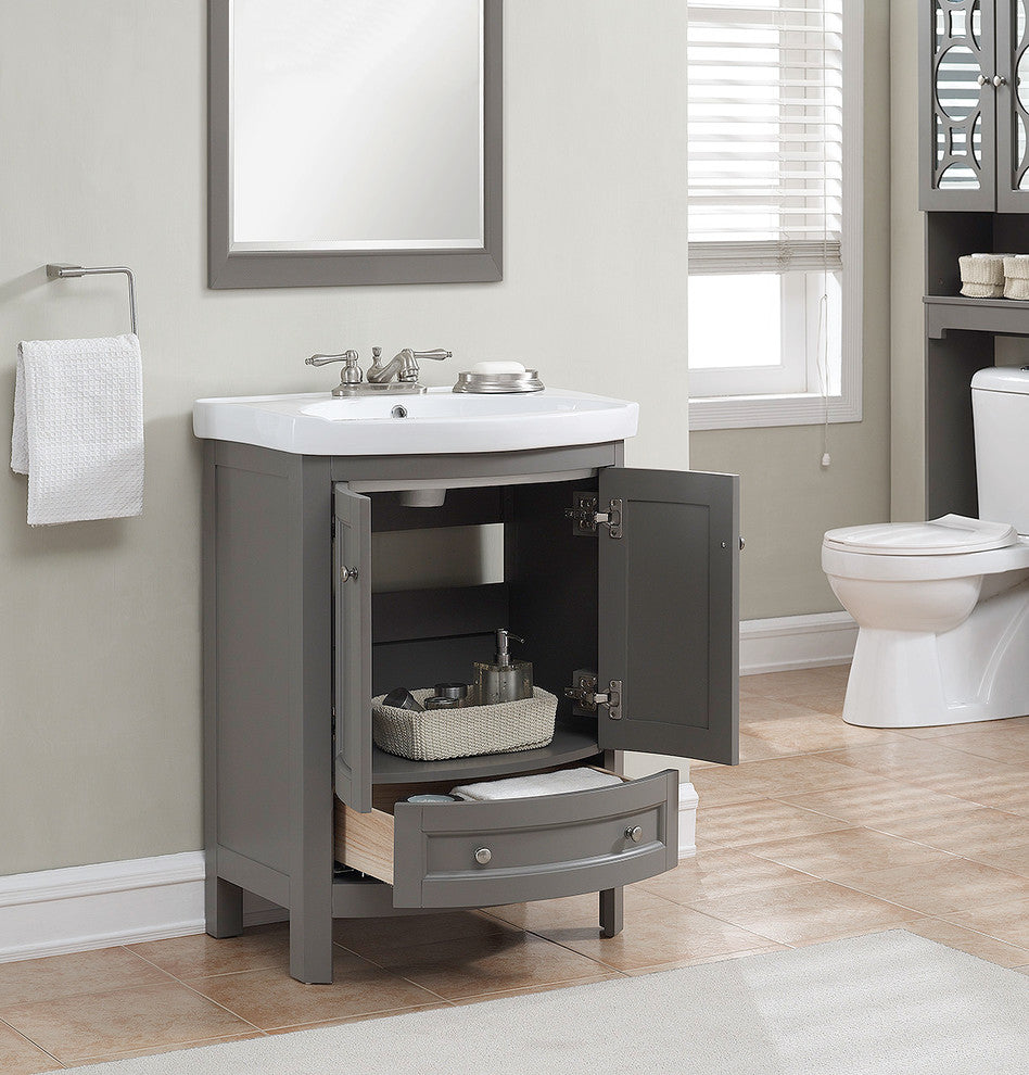 Runfine 24" Wood Gray Finish Vanity, Vitreous China Top, 2 Slow Close Doors