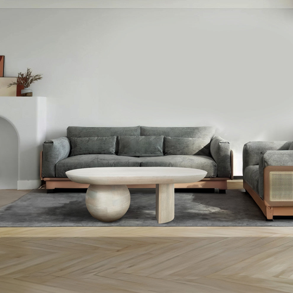 38" Coffee Table Oblong Mango Wood Top With a Modern Ball Leg Washed White