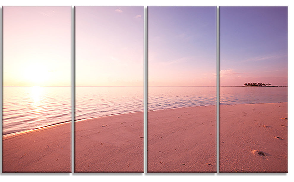 Serene Maldives Seashore At Sunset, Landscape Canvas Art, 48"x28", 4 Panels