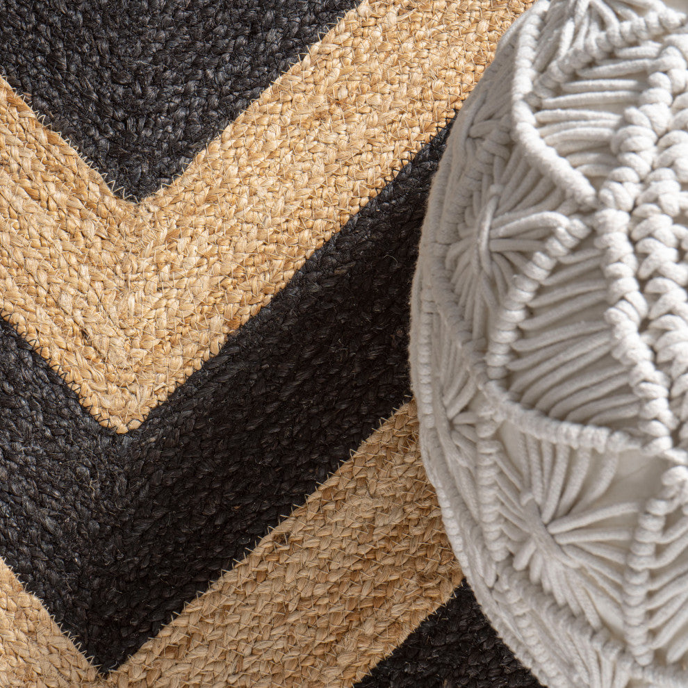 Piper Two-Tone Chevron Round Jute Round Area Rug, Black/Natural, 6' Round