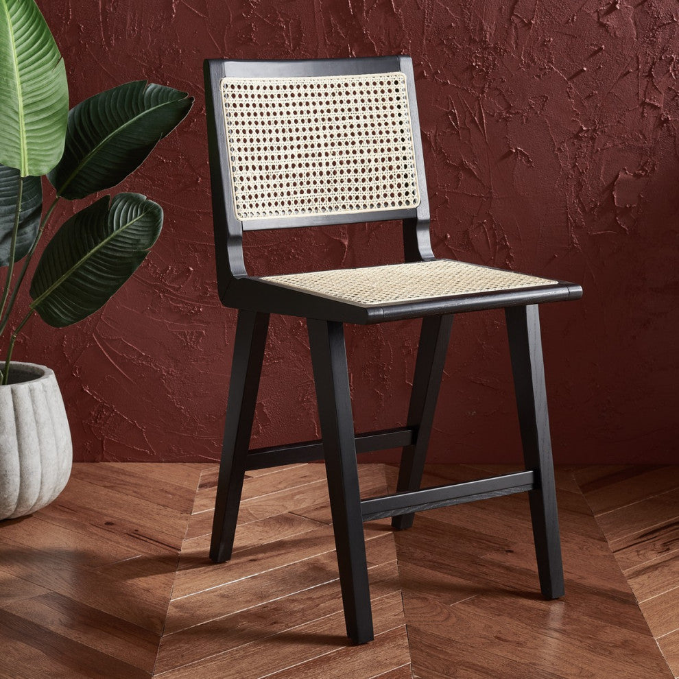 Safavieh Couture Hattie French Cane Counter Stool, Black/Natural