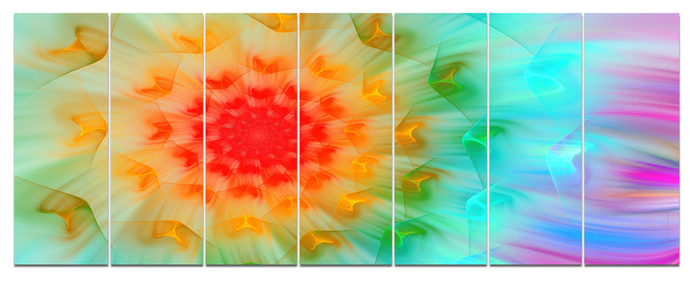 Red Fractal Petals Dandelion, Floral Canvas Art Print, 83"x32", 7 Panels