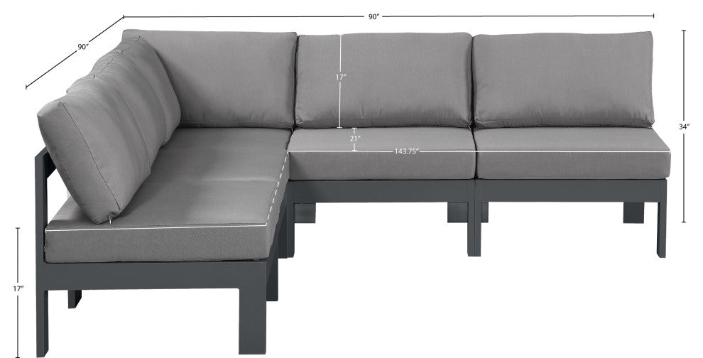 Nizuc Water Resistant Patio L-Shaped Modular Sectional, Gray, 5-Piece: 4 Armless Chair, 1 Corner Chair, Dark Gray Aluminum Frame