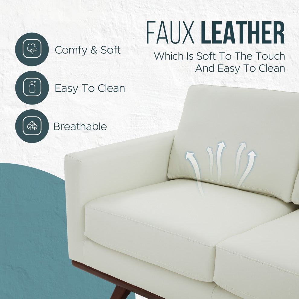 LeisureMod Chester Modern Leather Loveseat With Birch Wood Base, White