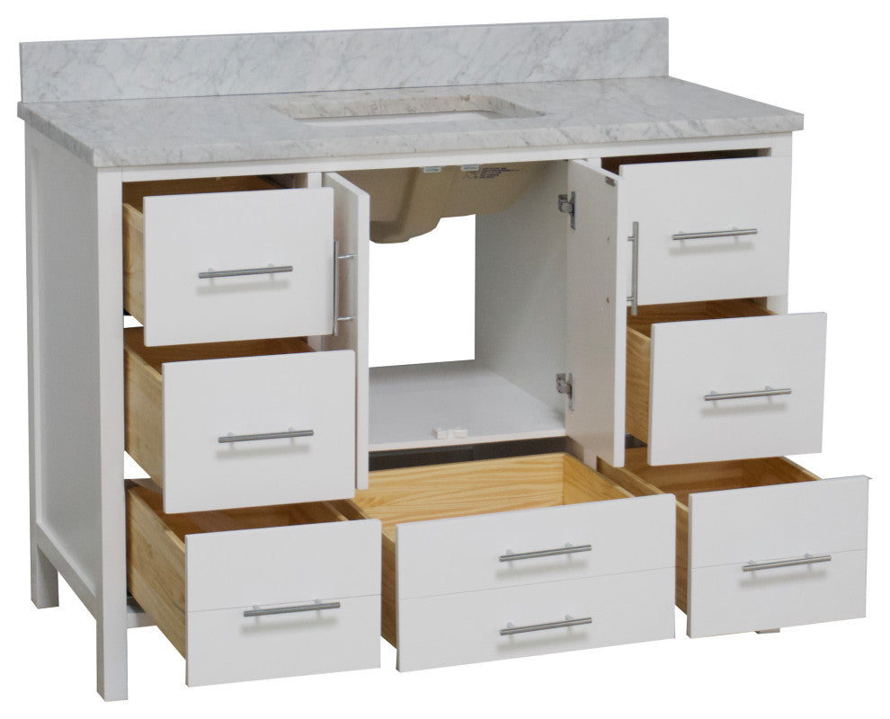 California 48" Bathroom Vanity, White, Carrara Marble
