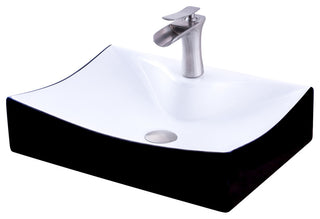Rectangular Black/White Porcelain Vessel Sink and Faucet Set, Brushed Nickel