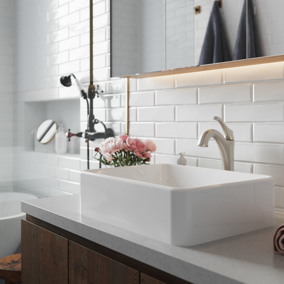 Elavo Rectangle Ceramic Vessel Sink, Bathroom Arlo Faucet, Drain, SFS Stainless