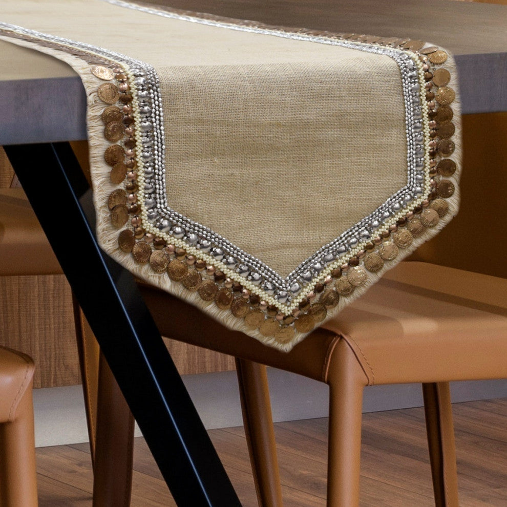 Decorative Table Runner Beige Burlap 14"x60", Lace, Bead, Sequins Marima