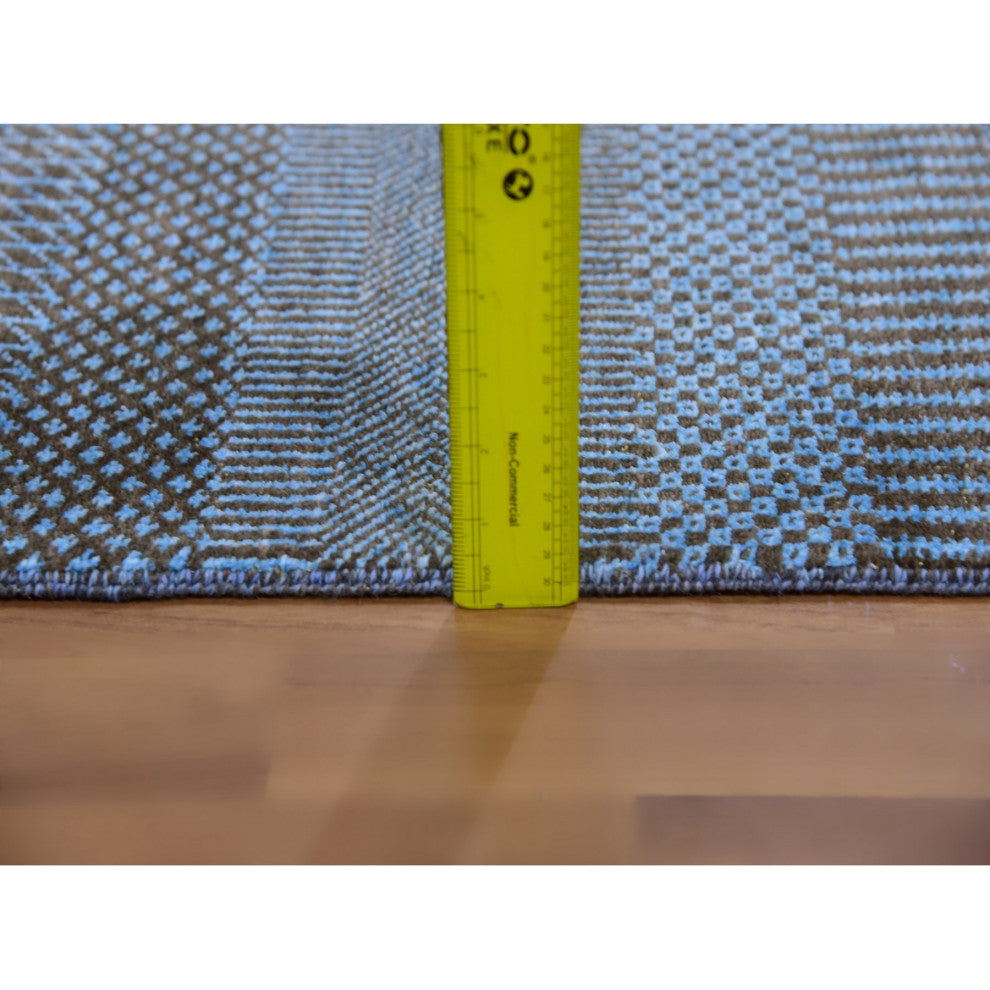 Ruddy Blue Hand Knotted Grass Design Dyed Wool and Silk Runner Rug, 2'7"x9'6"