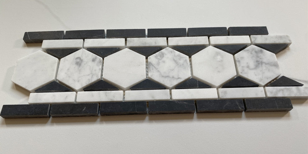 Carrara White Marble 2 Hexagon Listello Mosaic Border Tile Black Honed, 1 sheet