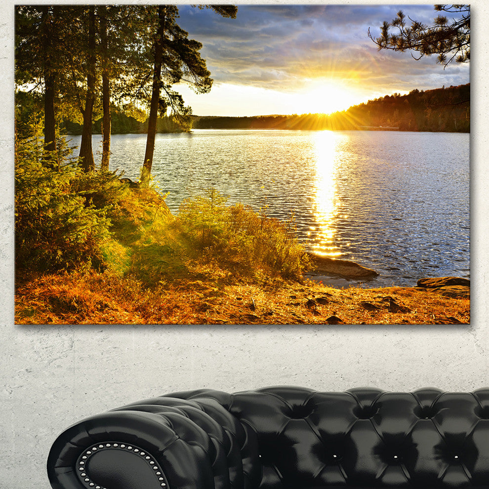 Beautiful View of Sunset over Lake, Landscape Canvas Art Print, 60"x28"