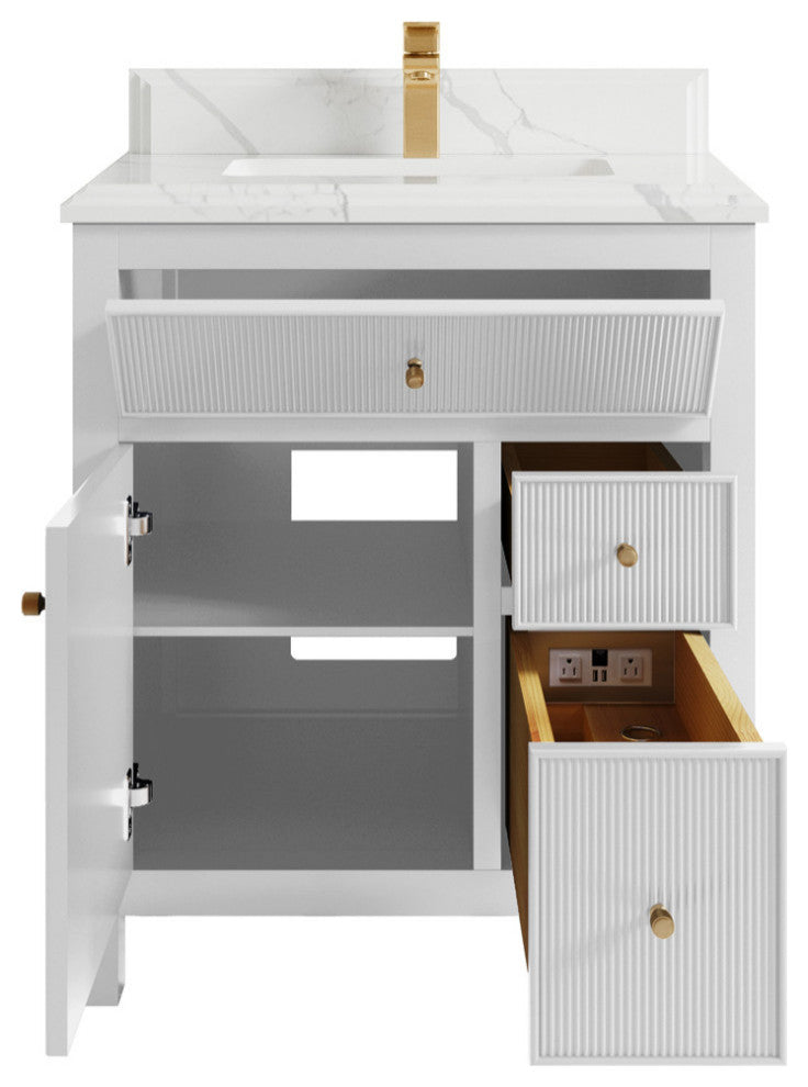 Sonoma 30 Single Sink Reeded Bath Vanity in White 1.5" Calacatta Laza