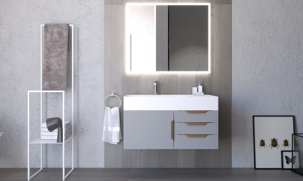 CastelloUSA Amazon 36" Wall Mount Vanity Set, Gray, White Top, Gold Handles