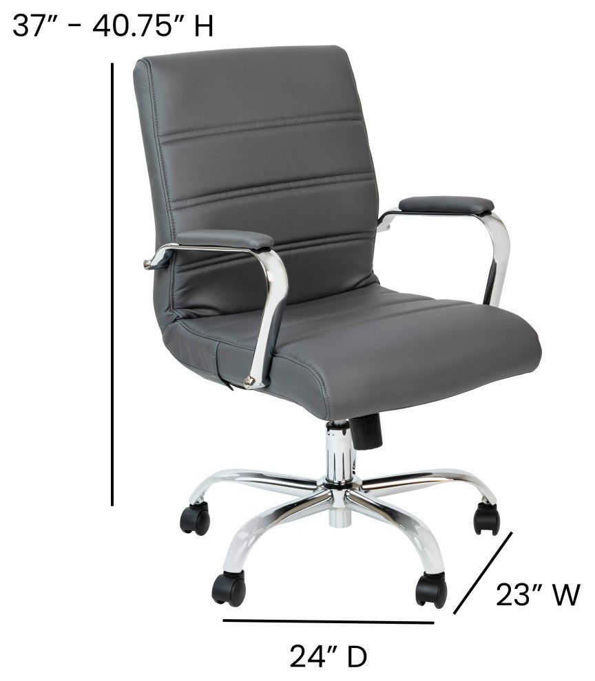 Mid-Back Executive Swivel Office Chair with Metal Frame and Arms, Gray Leatherso