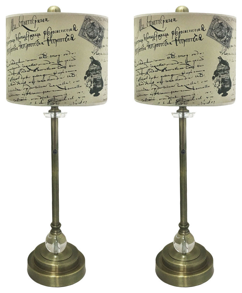 28" Crystal Lamp With Vintage Letter Calligraphy Shade, Antique Brass, Set of 2