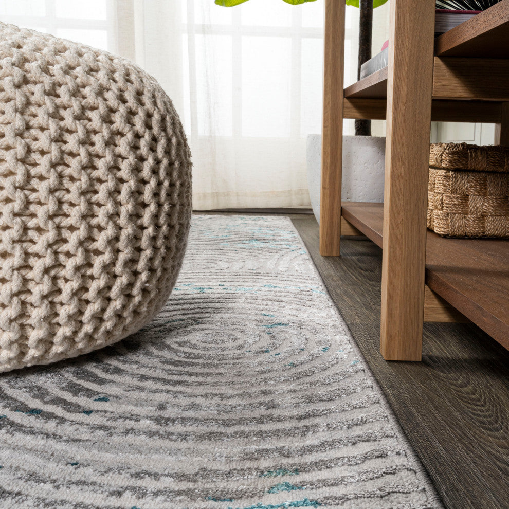 Timeworn Modern Abstract Area Rug, Gray/Turquoise, 2'x10'