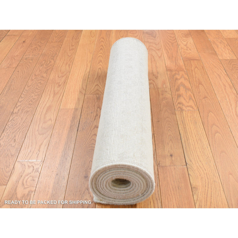 Ivory, Hand Knotted, Tone on Tone, Pure Silk With Wool, Runner Rug, 2'6"x11'8"