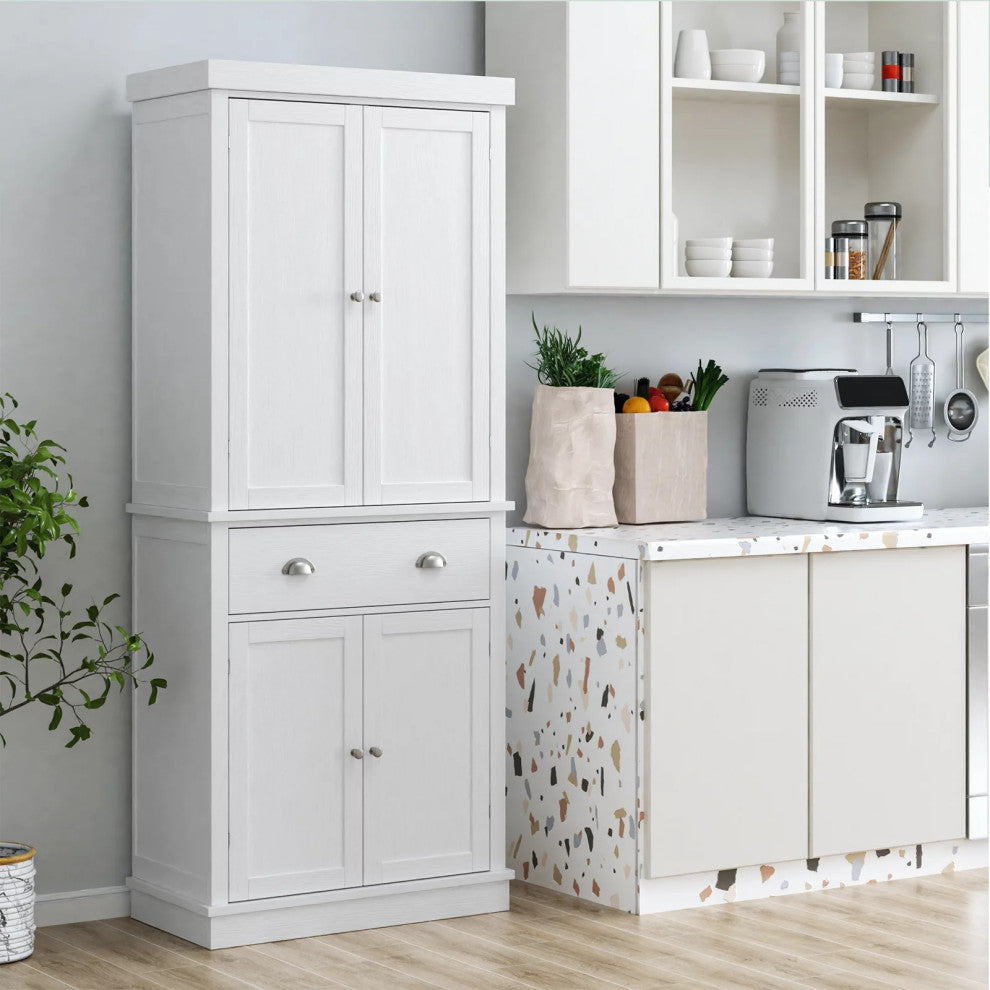 Elegant Pantry Cabinet, Wide Storage Drawer & 4 Paneled Doors With Inner Shelves