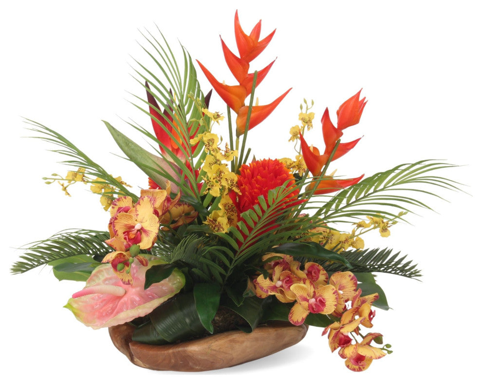 Tropical Flower Arrangement, Natural Wood Bowl