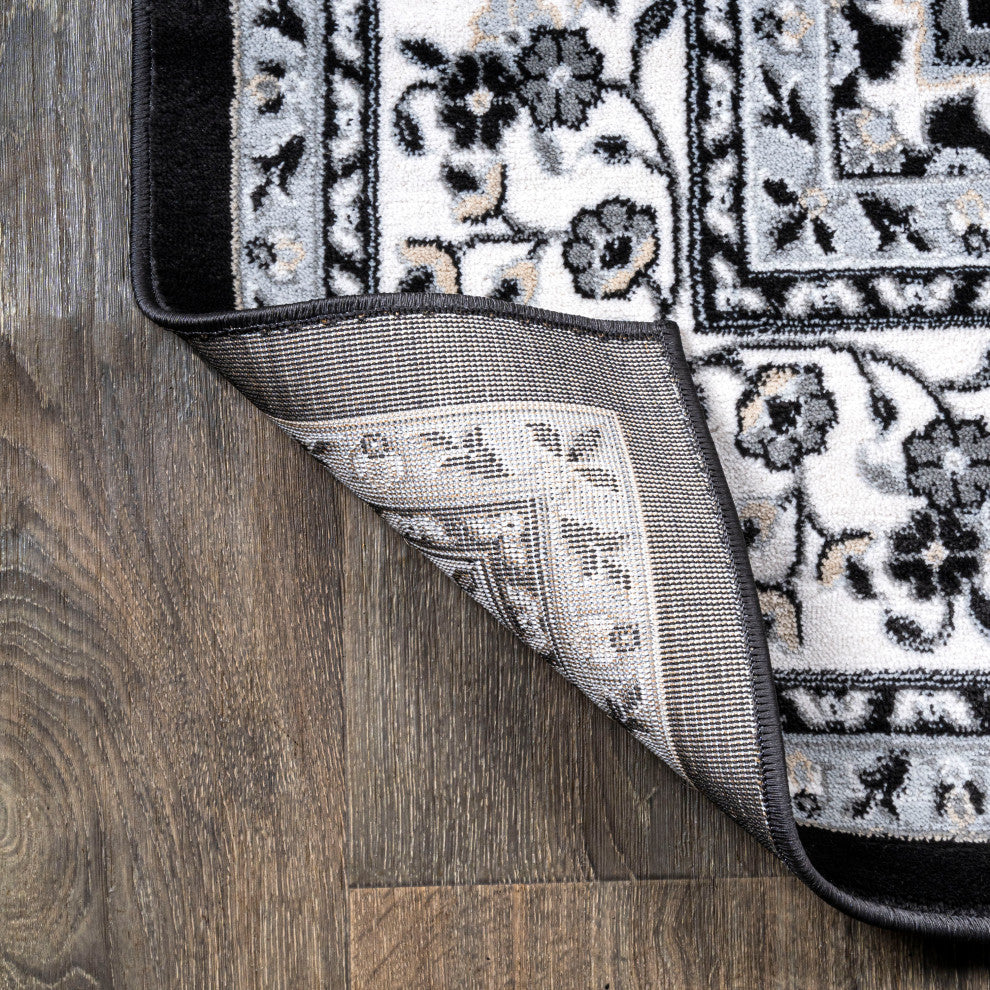 Palmette Modern Persian Floral Area Rug, Cream/Gray/Black, 2x10