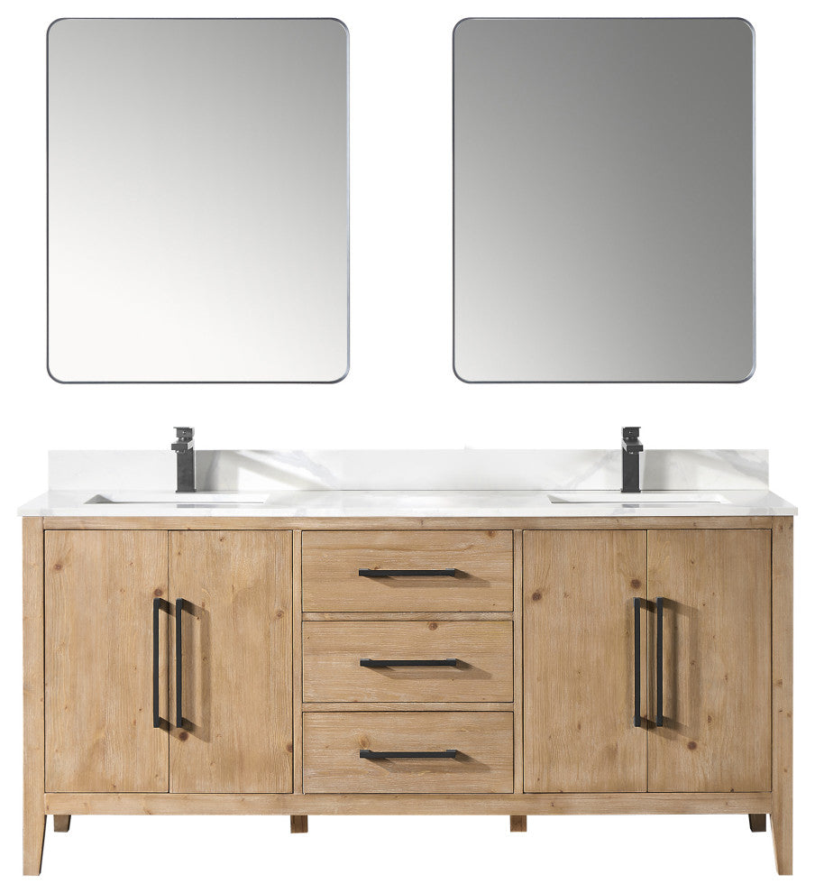 Laurel Bathroom Vanity with Calacatta White Quartz Stone Countertop, Weathered Fir, 72", With Mirror