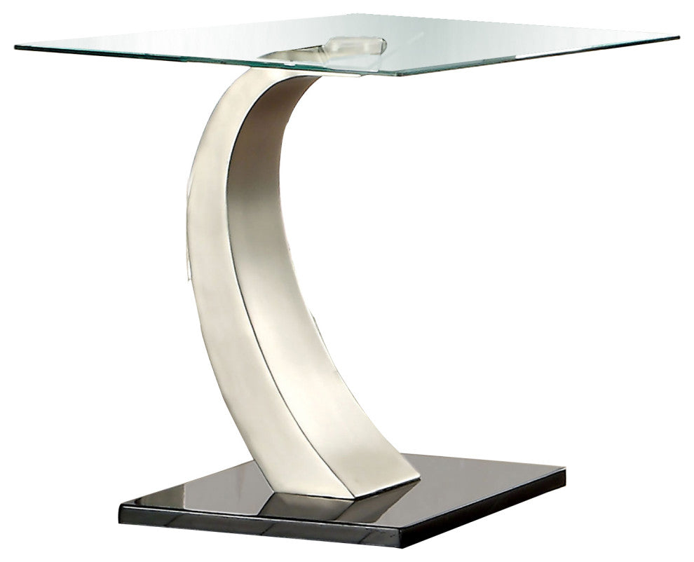Glass Top End Table with Curved Pedestal Base, Black and Gray