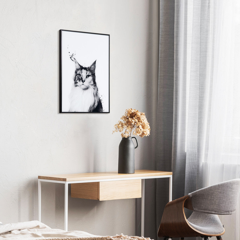 "Siberian Cat" B, W Portraits Printed Art Glass With A Black Aluminum Frame