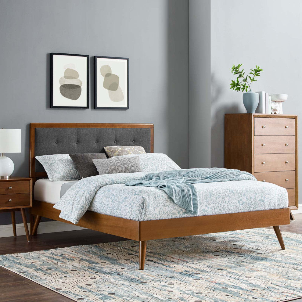 Platform Bed Frame, King Size, Wood, Brown Walnut Gray, Modern Mid-Century